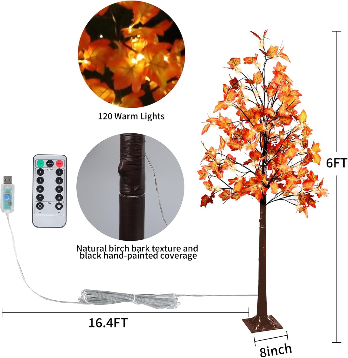 2 Pack 6FT 240LED Fall Lighted Maple Orange Tree Lights Thanksgiving Decoration Artificial Tree Lights USB Powered DIY Table Light for Desktop Autumn Harvest Party Indoor Ourdoor Decor