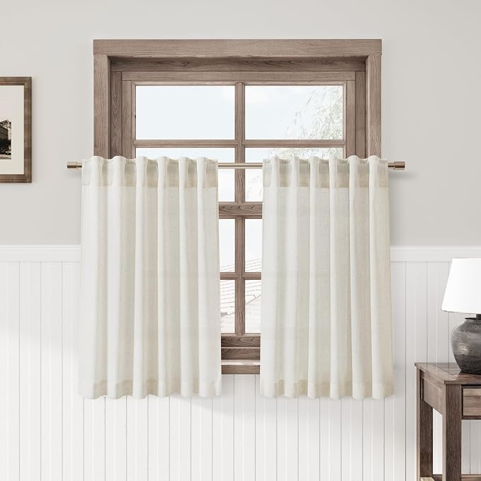 Nanspring Cream Kitchen Semi Sheer Curtains 30 Inch Length 2 Panels Back Tab Pocket Linen Textured Light Filtering Short Cafe Curtain Neutral Boho Solid Drapes for Bedroom Bathroom 42Wx30L