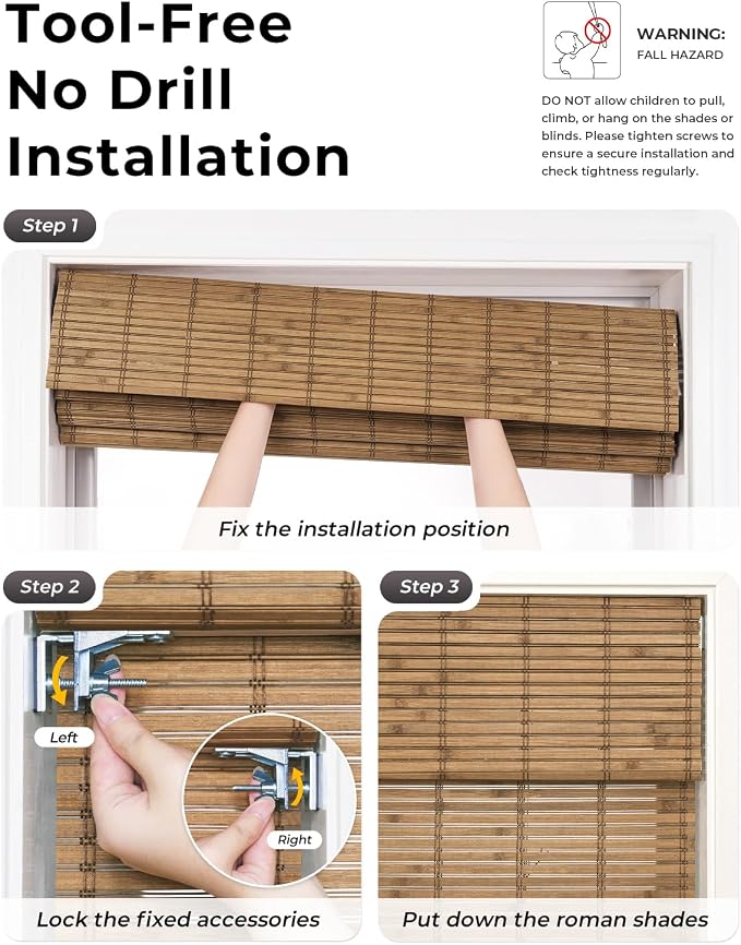 UNISHADES No Drill Cordless Bamboo Roman Shades, 43×64 in, Teak | Natural material, Light Filtering, Easy Install