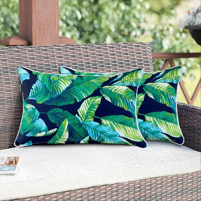 Magpie Fabrics Set of 2 Lumbar Throw Pillow with Insert 12x20 Inch, Outdoor Rectangular Waterproof Home Decorative Toss Cushion for Patio Garden Car Office - Green Lagoon Leaves