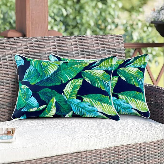 Magpie Fabrics Set of 2 Lumbar Throw Pillow with Insert 12x20 Inch, Outdoor Rectangular Waterproof Home Decorative Toss Cushion for Patio Garden Car Office - Green Lagoon Leaves