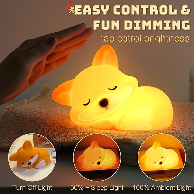 YR YRHH-PET Cute Fox Lamp, Fox Night Light for Kids, Squishy Rechargeable Dimmable Toy, Baby Nursrery Nightlight, Woodland Animal Décor, Xmas White Elephant Gifts, Touch Light Up Foxes, Safe Silicone