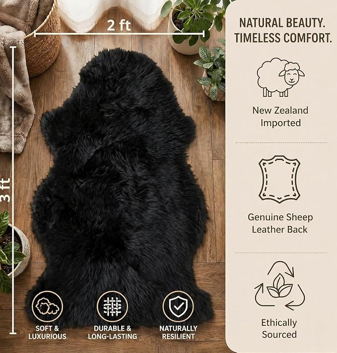 Woolous Black Sheepskin Rug Genuine New Zealand Lambskin Single Pelt 2x3 ft | Real New Zealand lambskin wool with soft fluffy texture. Use as sheep skin rug, chair throw, sofa cover or bedroom decor.