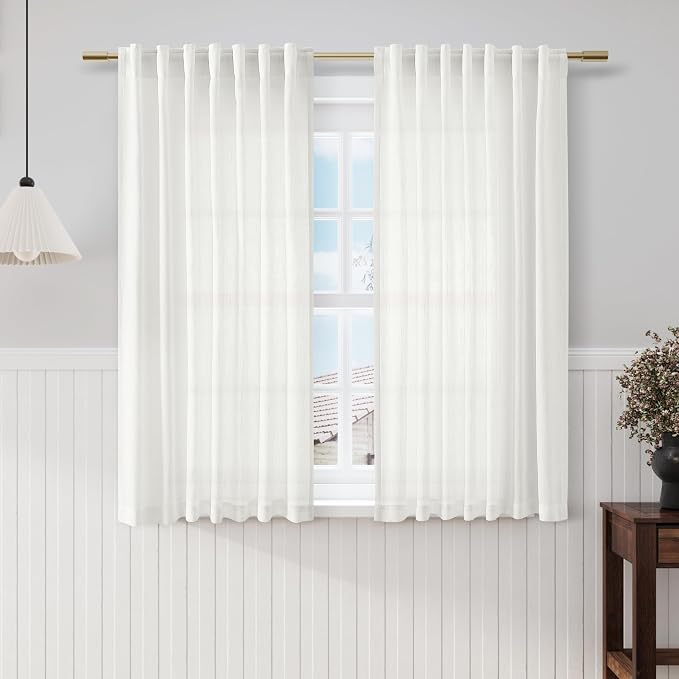 Nanspring Ivory Linen Sheer Curtains 54 Inch Length 2 Panel Set Back Tab Rod Pocket Semi Sheer Light Filtering Short Curtain Soft Elegant Aesthetic Small Window Drapes for Bathroom 52x54 Inches Long