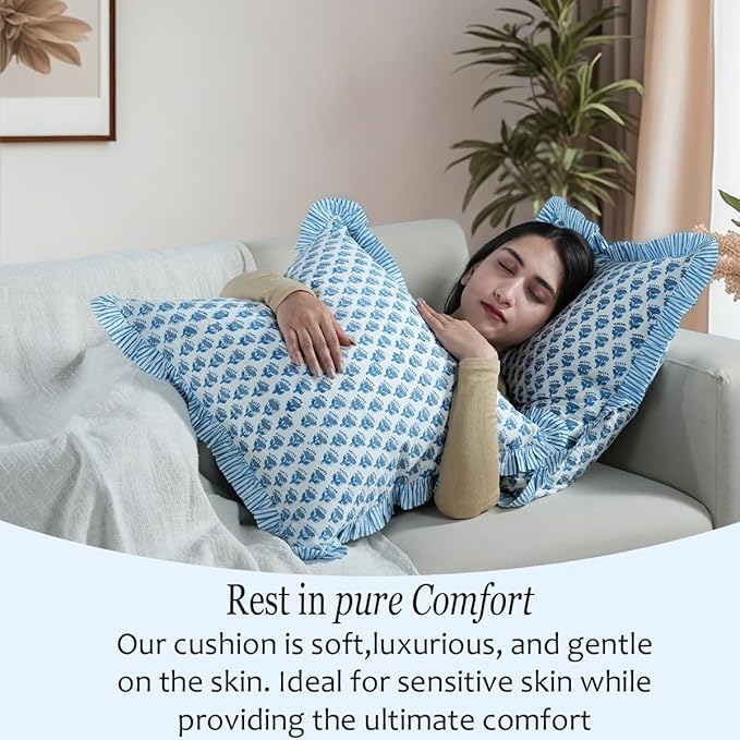 CPC Block Print Ruffle Throw Cover Apatite Blue 20"x20" Inch Pack of 2-100% Cotton Ruffle Couch Decorative Boho Pillows Case for Living Room, Bedroom, Sofa, Farmhouse Gift for Spring, Mother's Day