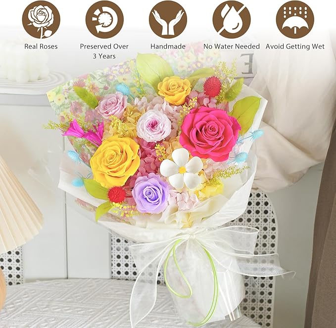Flowers for Delivery Dopamine Mixed Colors Roses Preserved Flowers Bouquet with Gift Box, Mothers Day Gifts for Mom, Birthday Day Gifts for Women, Wife, Her, Grandma on Valentines Anniversary Proposal