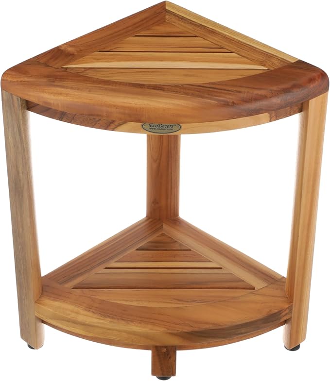 DecoTeak Teak Corner Shower Shelf – 2 Tier Waterproof Bathroom Storage Organizer Compact Wood Storage | Water-Resistant Design | Space Saver for Showers & Small Bathrooms | Shaving Foot Rest