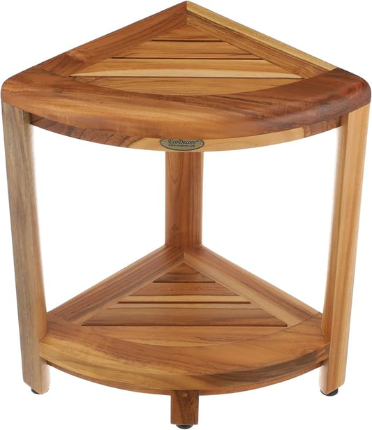 DecoTeak Teak Corner Shower Shelf – 2 Tier Waterproof Bathroom Storage Organizer Compact Wood Storage | Water-Resistant Design | Space Saver for Showers & Small Bathrooms | Shaving Foot Rest