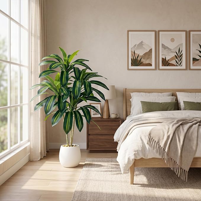 Artificial Dracaena Tree-4FT Fake Plants with White Planter-Artificial Plants Indoor Floor Plant in Pot-Tropical Fake Yucca Potted Tree for Home Office Living Room Decor