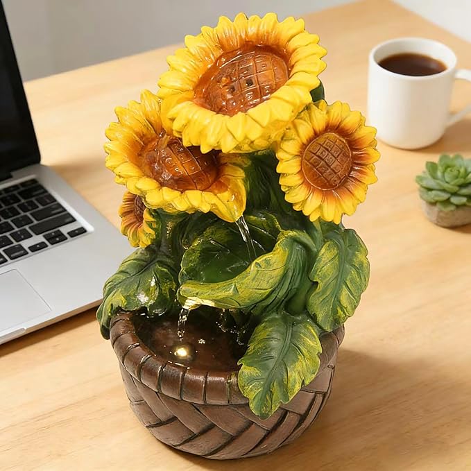 Tabletop Water Fountain Indoor Themed Sunflower Fountain Indoor Table Top Waterfall Desk Decor for Home Meditation Relaxation(Sun)