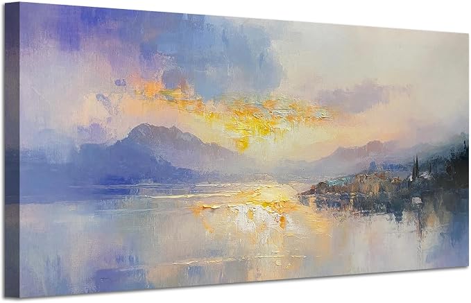 Ardemy Sunrise Lake Canvas Wall Art 48"x24" Misty Morning Mountain Landscape with Lakeside Cabin, Hand-Textured Soft Glow Picture for Living Room Bedroom Home Office Decor