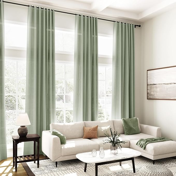Desert Sage Linen Curtains for Living Room 105 Inches Long Light Filtering Semi Sheer Curtain Back Tab Rustic Farmhouse Decor Elegant Luxury Boho Drapes for Bedroom Dinner Room 52x105, 2 Panels