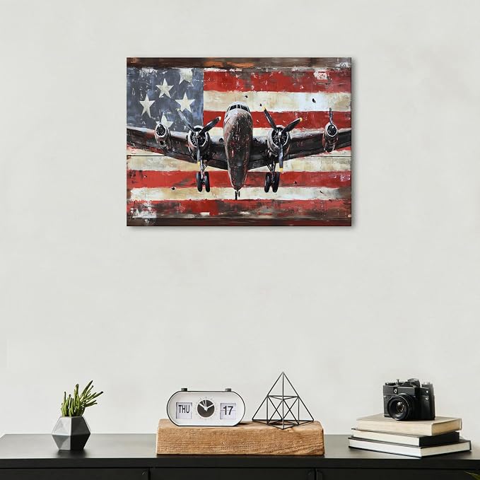 Vintage Airplane Wall Art USA Flag Aviation Pictures for Living Room Rustic Plane Posters Canvas Prints Bedroom Decor Modern Contemporary Aircraft Painting Artwork Mens Office Home Decorations 12x16"
