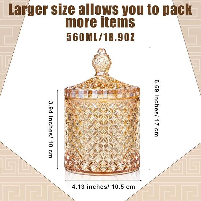 Aoriher 4 Pcs Crystal Glass Candy Jar Set with Lids Home Decorative Storage Jars for Apothecary, Bathroom, Kitchen, and Pantry, Ideal for Cotton Swabs and Jewelry(Large,Amber)