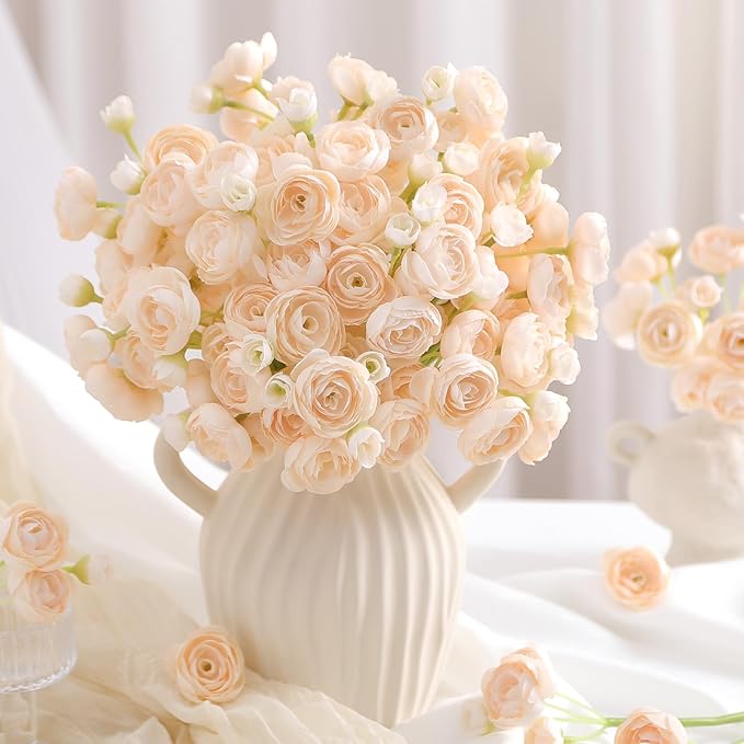 Alupssuc 42Pcs Ranunculus Artificial Flowers Faux Silk Mini Ranunculus, Spring Flowers Artificial Indoor for DIY Bouquets, Bulk Fake Wedding Filler Flowers for Bride Decorations & Arrangements, Cream