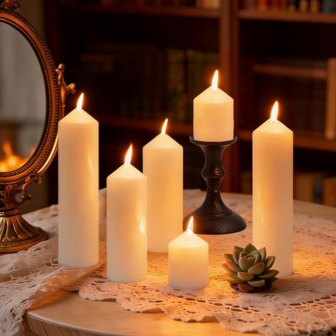 Pillar Candles Bulk Set - Unscented, Smokeless, Dripless | 3 Sizes: 2x3, 2x6, 2x8 Inches | Ideal for Weddings, Christmas & Home Decor (72, Ivory White)