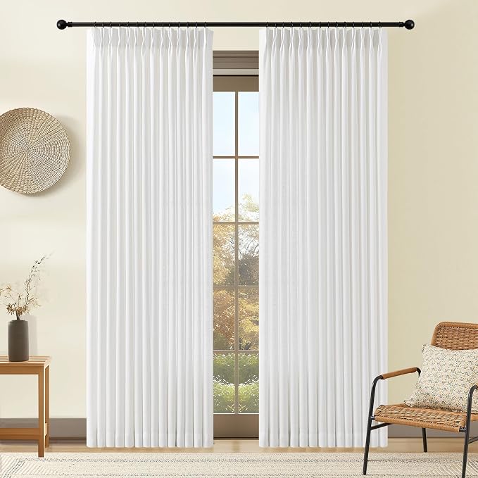 White Pinch Pleated Linen Curtains 84 Inches Long for Living Room, Light Filtering Pleat Drapes Textured Thick Memory Trained Elegant Semi-Sheer Curtain with Hooks for Bedroom Farmhouse, 2 Panels