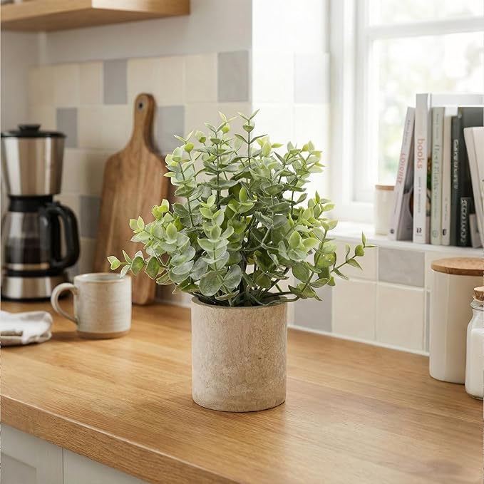 ALAGIRLS 2 Pack Small Fake Plants, 10" Artificial Eucalyptus Plants Indoor, Small Faux Plants in Pulp Pot for Bathroom Bedroom Kitchen Office Living Room Decor