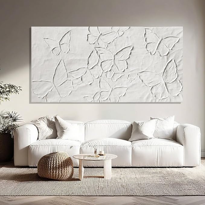 SHEYOYE Large White Aesthetic Canvas Wall Art | Butterfly Wall Art for Wall Decor, Office Art, Living Room or Bedroom Wall Decor, Hallway Decor 29" x 58"