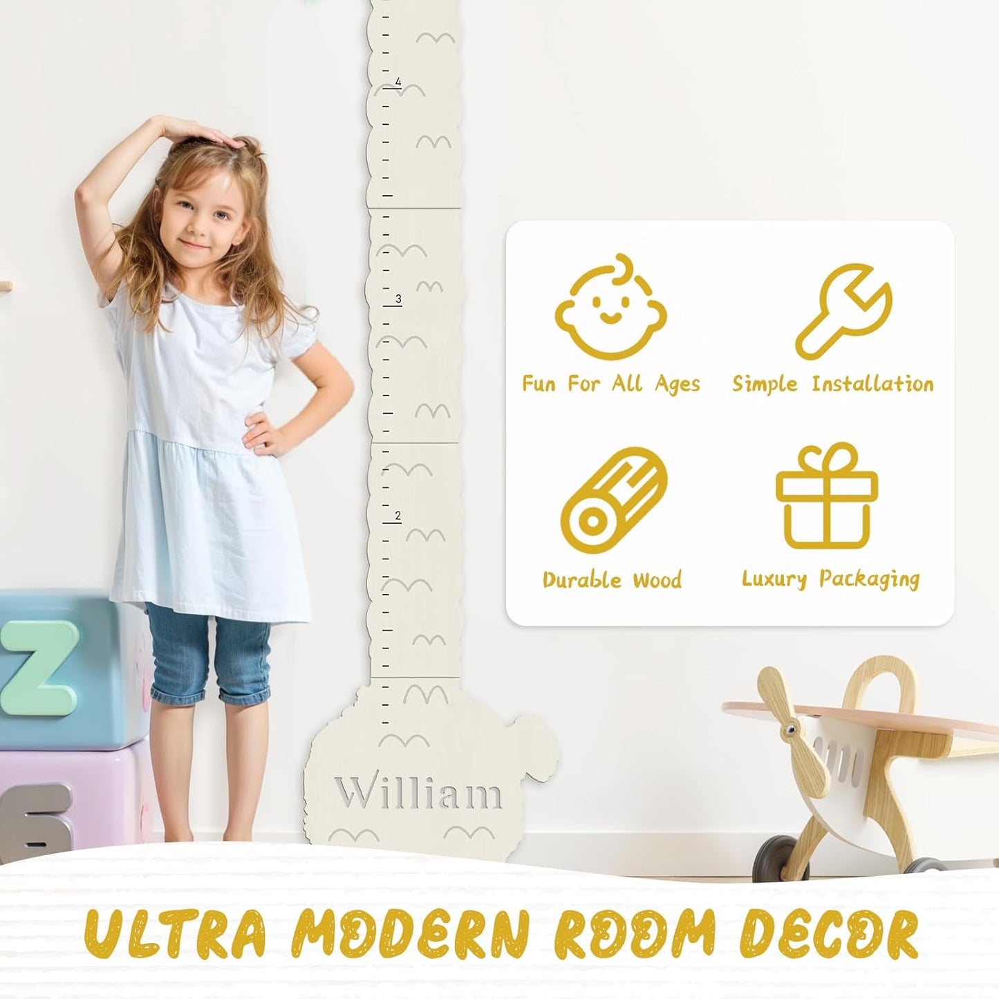 Personalized Name Height Chart for Kids, Alpaca Wood Growth Chart, Height Measuring for Children, Boy Girls Height Wall Chart Growth Measuring Ruler for Nursery Decor, Lightweight