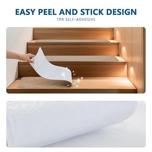Stair Treads for Wooden Steps Indoor, 15 Pack 8" X 30" Non Slip Carpet Stair Treads with Reusable Adhesive for Kids Elders and Dogs, Surface Polyester TPR Backing Stair Rugs, Beige