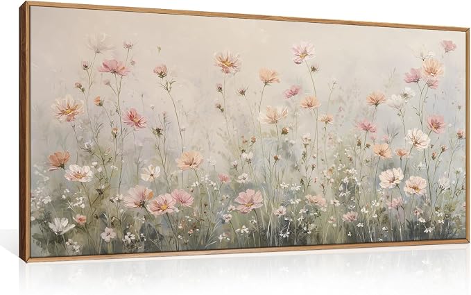 LHIUEM Watercolor Wildflower Framed Canvas Wall Art,Vintage Floral Wall Decor,Nature Pink Daisy Painting,Botanical Flower Artwork for Living Room,Bedroom,Dining Room - 20"x40"x1