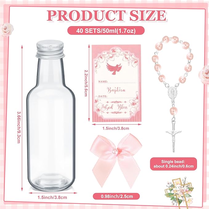 FillTouch 24 Sets Catholic Holy Water Bottle Baptism Rosary Set Baptism Favors 1.7oz Christian Water Container Empty Glass Holy Water Bottle for Easter Party Church Wedding Table Newborn (Pink)