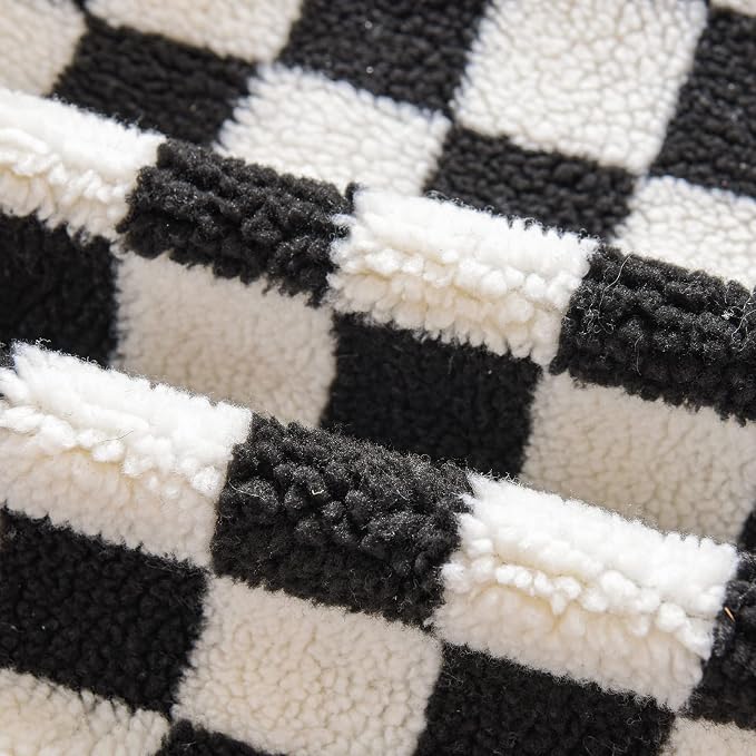 WACOMECO Decorative Throw Pillow Covers - Soft Sherpa Checkerboard Cushion Covers Faux Fur Pillow Cases for Sofa Bedroom Livingroom Car, 20 x 20 in, Black and Off White