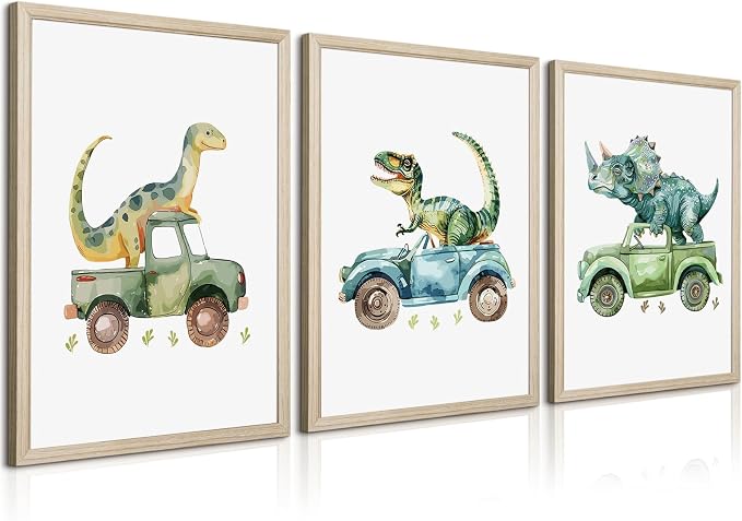 Dinosaur Nursery Wall Art Kids Canvas Poster Baby Boy Nursery Wall Decor Green Dino Pictures Toddler Prints Cartoon Dino Car Painting Boys Room Artwork for Bedroom Bathroom 12x16x3 Inch White Framed