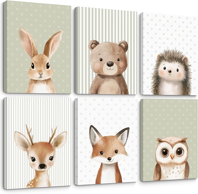 Woodland Animal Nursery Wall Art Baby Kids Canvas Poster Safari Animal Wall Decor Jungle Forest Prints Bear Fox Deer Pictures Sage Green Painting Neutral Artwork for Bedroom 8x10x6 Inch Ready to Hang