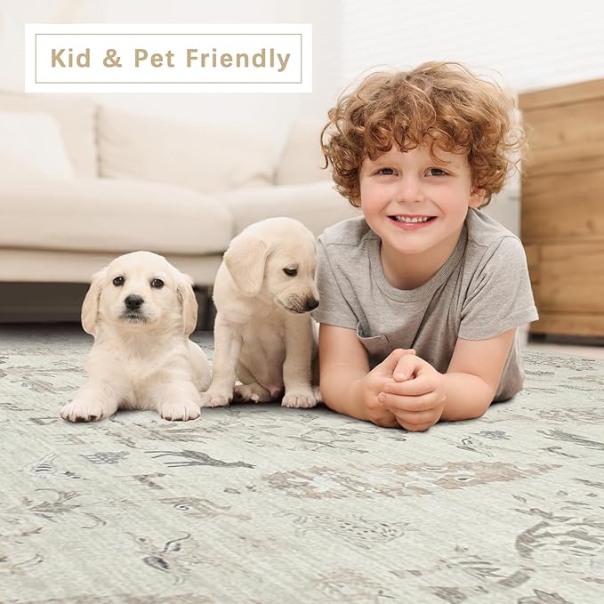 Srugn Washable Rugs 8x10 Area Rugs for Living Room,Bedroom,Dining Room- Large Ultra Soft Faux Wool Retro Carpet,Non Slip&Non-Shedding Low Pile Vintage Print Rug for Home Office Dorm Playroom-Brown