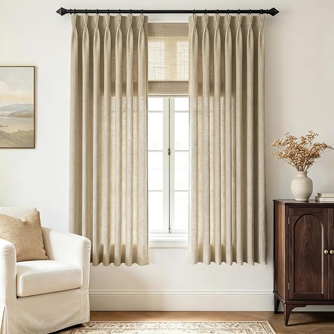 Memory Trained Oatmeal Tan Triple Pinch Pleated Curtains 2 Panels 40x63 Linen Blend Light Filtering Privacy Drapes with Hooks Back Tab for Track System Bedroom Study Minimalism Neutral Decor