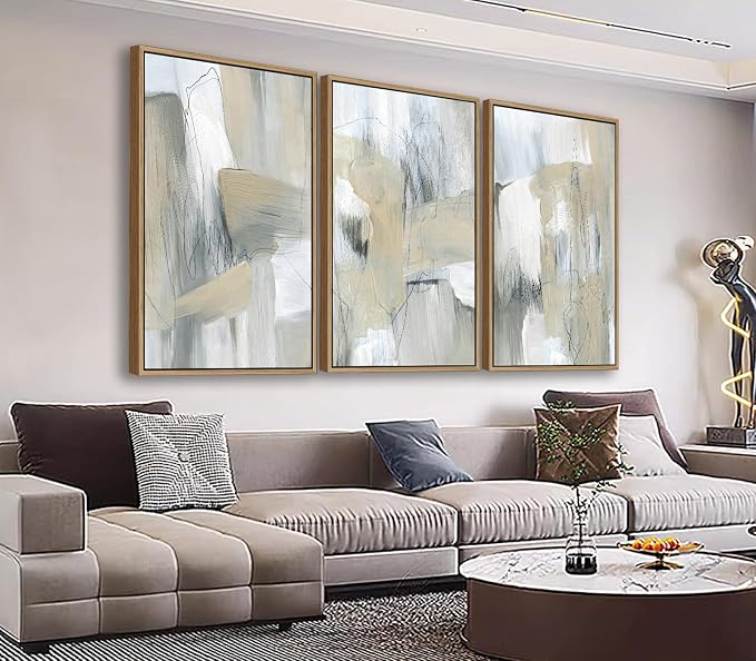 Large Framed Abstract Wall Art for Living Room Decor, Beige, 24X36inX3pcs, Neutral Abstract Painting Artwork Wall Picture, Modern Wabi-sabi Canvas Art Prints for Bedroom Bathroom Office Home