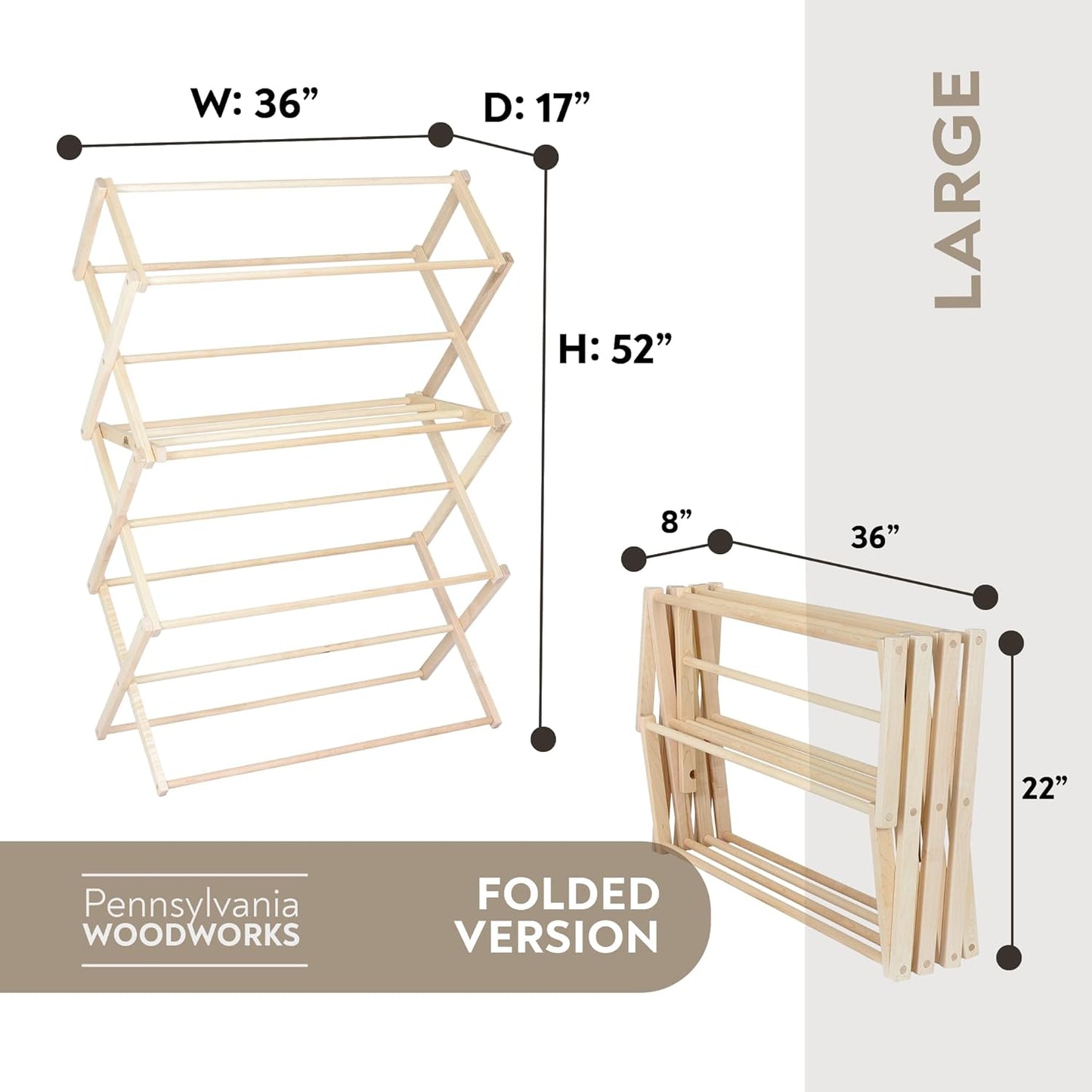 Pennsylvania Woodworks Clothes Drying Rack: Solid Maple Hard Wood Laundry Rack for Sweaters, Blouses, Lingerie & More, Durable Folding Drying Rack, Made in USA, No Assembly Needed, Large