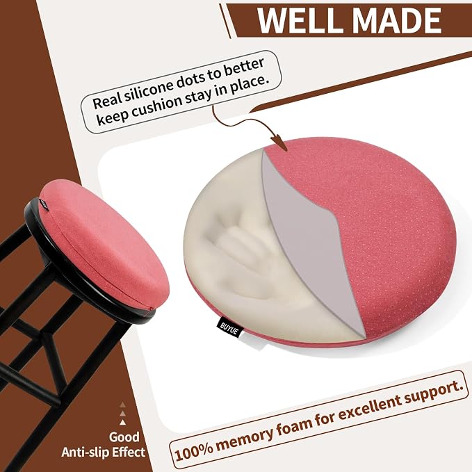 BUYUE Memory Foam Seat Cushion, Dia 13" Soft Velvet Round Stool Cushion Anti-Slip Chair Pads, S, Rose Pink