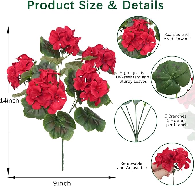 8 Pcs Artificial Geraniums Flowers for Outdoor Spring Summer Decor - UV-Resistant & Realistic Silk Faux Plants for Garden Porch Patio Yard Balcony Home Kitchen Table Centerpieces Decoration, Red