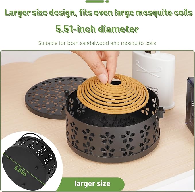 Portable Iron Mosquito Coil Holder with Handle Round Heat-Resistant Incense Holder (Black)