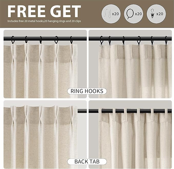 Guken Pinch Pleated Linen Curtains 96 Inch Length 2 Panels for Living Room Bedroom Natural Cream Boho Ceiling to Floor Farmhouse Window Privacy Light Filtering Semi Sheer Drapes Beige Ivory 40x96 8FT