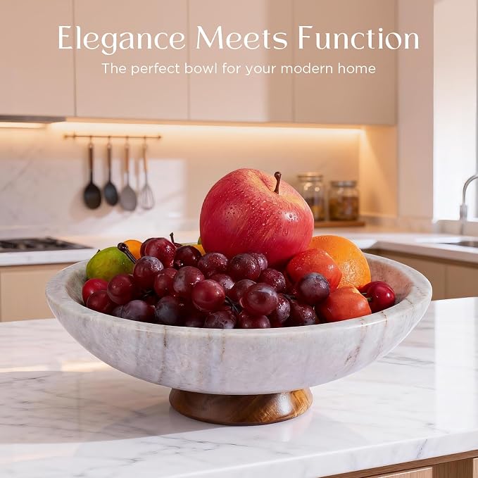 SAMAH Gray Marble Fruit Bowl with Acacia Wood Pedestal, Large Decorative Footed Bowl, Natural Stone Centerpiece for Kitchen Counter, Entryway, Keys, Dining Table, House Warming Gifts New Home(11Inch)