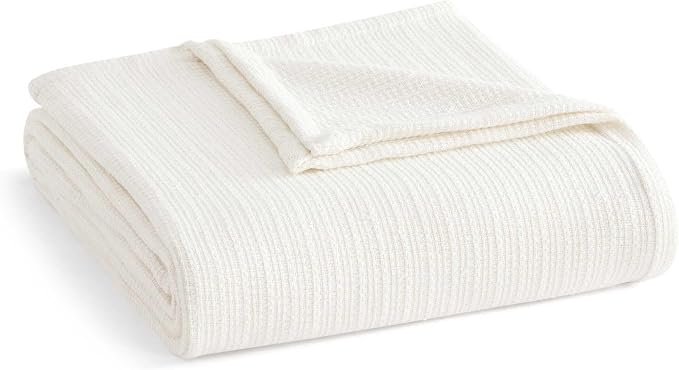 Martha Stewart - Twin Bed Blanket, 100% Cotton Textured Basket Weave Bedding, Breathable & Lightweight Blanket for Couch or Bed, Bedford Tile White