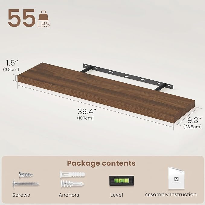 Vivelove Walnut Floating Shelves 40 Inches Long, Wall Display Shelves with Invisible Brackets, for Bathroom Living Room Kitchen Bedroom Office Farmhouse Home Decor, 40x9.3X 1.5 - Set of 2, Walnut