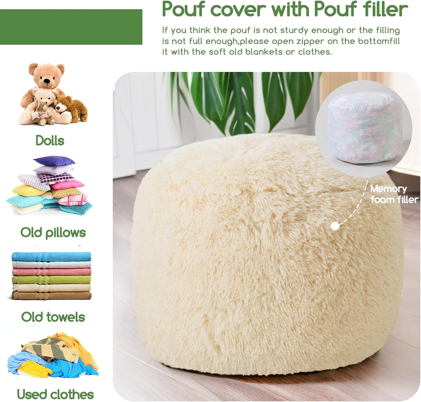 HIGOGOGO Round Stuffed Pouf Ottoman, Long Faux Fur Poufs with Foam Chunk Filling, Fluffy and Furry Pouf Foot Stool Storage Ottoman, 26 X 18 Floor Poufs Foot Rest for Living Room, White