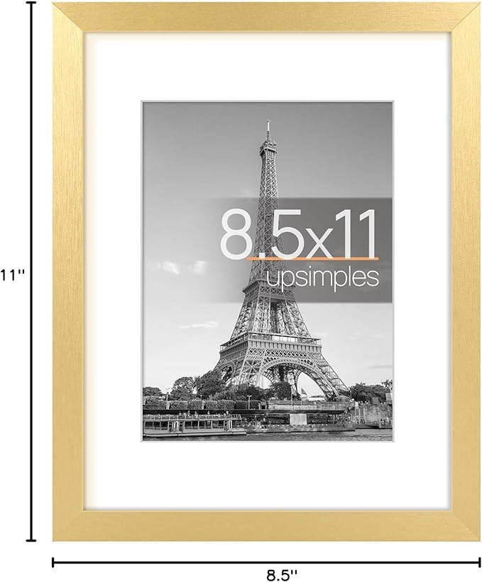 upsimples 8.5 By 11 Picture Frame, Display Pictures 6x8 with Mat or 8.5 x 11 Without, Wall Hanging Photo Frames, Gold, 1 Pack