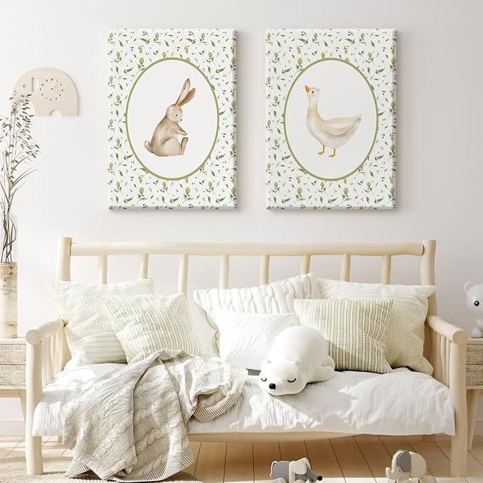 Vintage Nursery Wall Art Cute Goose Canvas Poster Bunny Wall Decor Baby Kids Poster Rabbit Duck Prints Cute Animal Pictures Pale Green Painting Artwork for Gallery Bedroom 12x16x2 Inch Ready to Hang