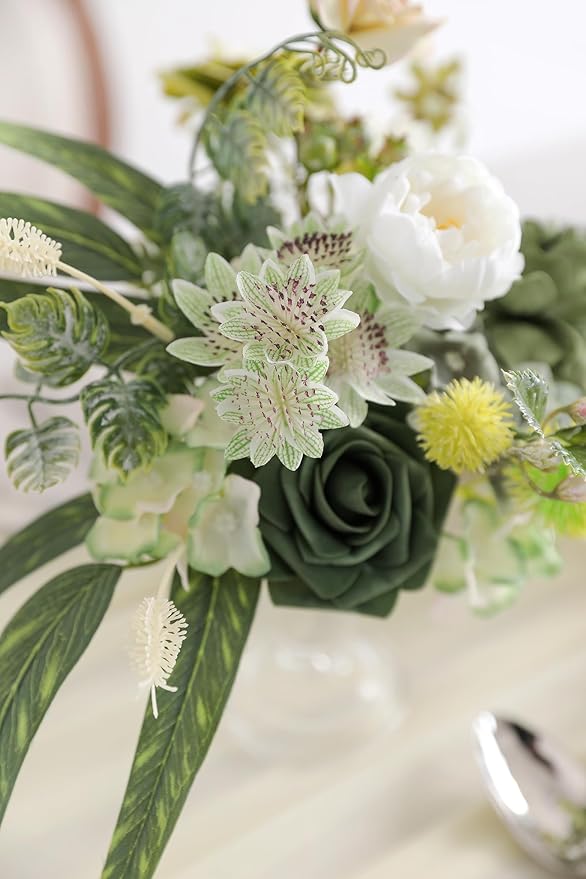 rongflower Forest Green Artificial Flowers Combo Box Set Silk Flowers Fake Rose for DIY Floral Arrangements Wedding Bouquets Centerpieces Baby Shower Party Home Decorations