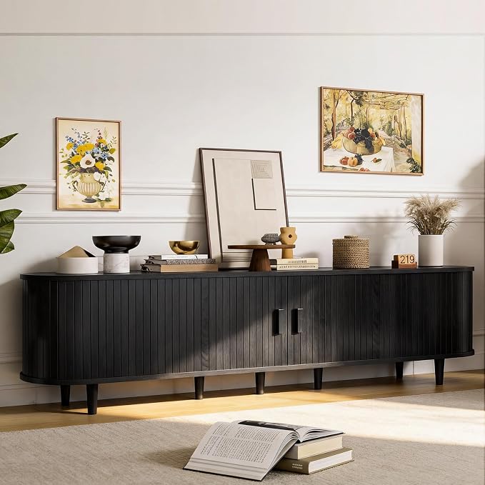 80" Mid Century Modern TV Stand, Wood TV Consoles with Sliding Doors and Power Outlet, Fluted Entertainment Center with Adjustable Shelves, Media Console for Living Room, Black