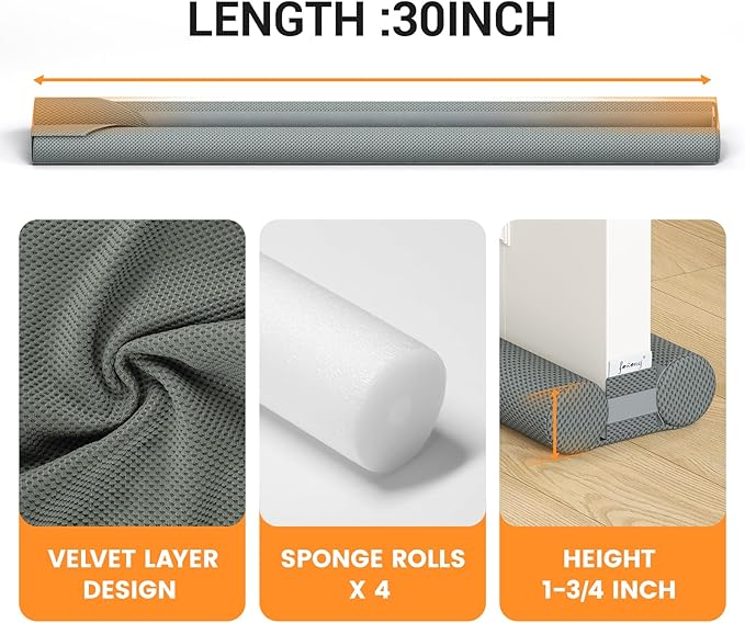 fowong Door Draft Stopper 30" Adjustable Under Door Draft Stopper, Soundproofing Nosie Blocker Seal Large Gap, Grey