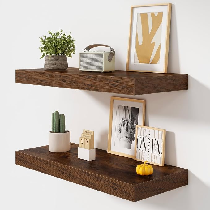 FLYJOE 32 Inch Floating Shelves, 12 Inch Deep Floating Shelves Set of 2, 32''W x 12''D Rustic Brown Wood Shelves for Wall, Bathroom Available, Engineered Wood, Mounting Hardware Included