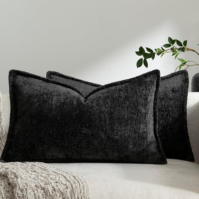 DEZENE Pack of 2 Black Decorative Throw Pillow Covers 12x20 Cozy Soft Chenille Accent Vintage Rectangular Lumbar Couch Pillow Covers for Home Decor Bed Sofa Living Room