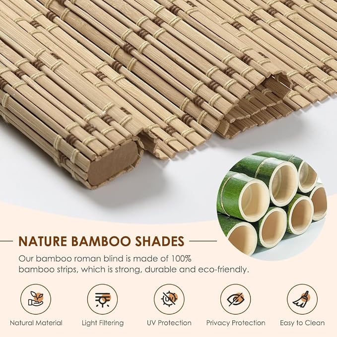 Cordless Bamboo Roman Shades, Light Filtering Bamboo Blinds Shades for Indoor Windows, UV Protection Roll Up Blinds for Home, Office, 32" W x 64" H, Natural